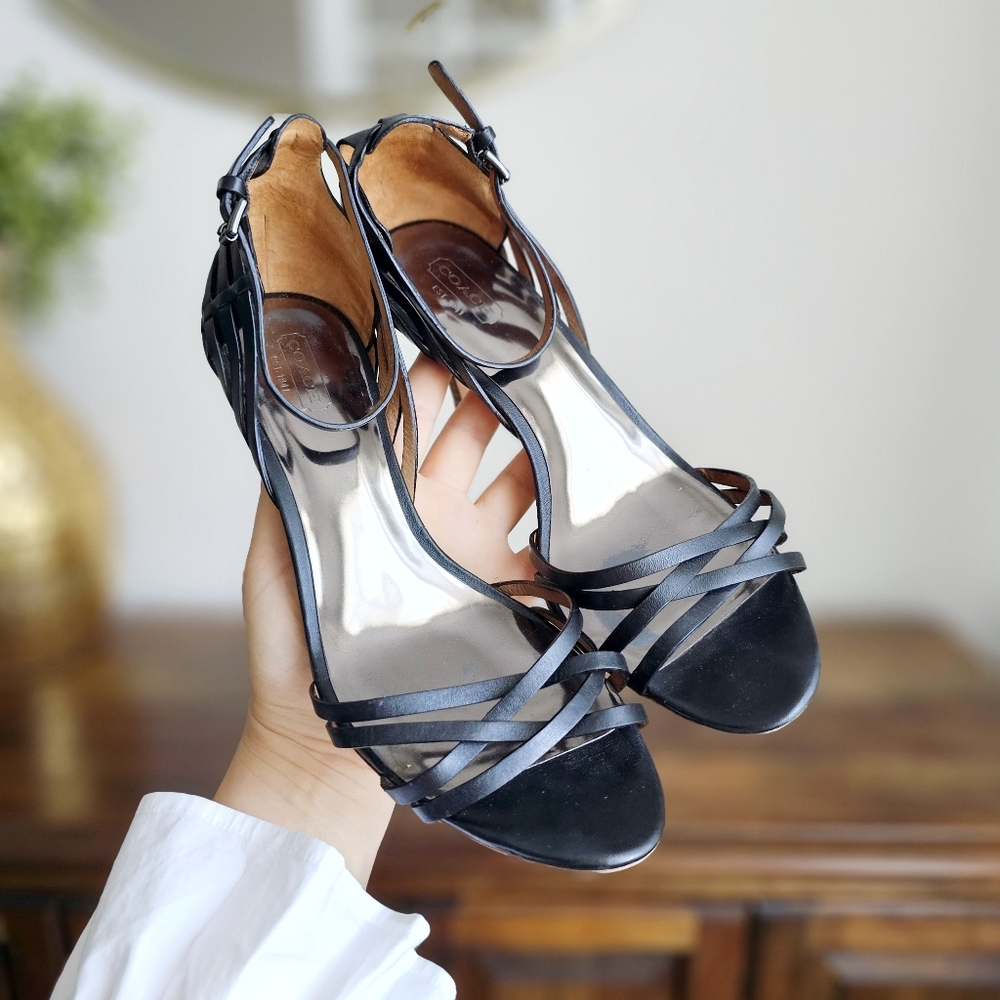 Coach Kamea Black Genuine Leather Strappy Heels Sandals Women’s Size 9B